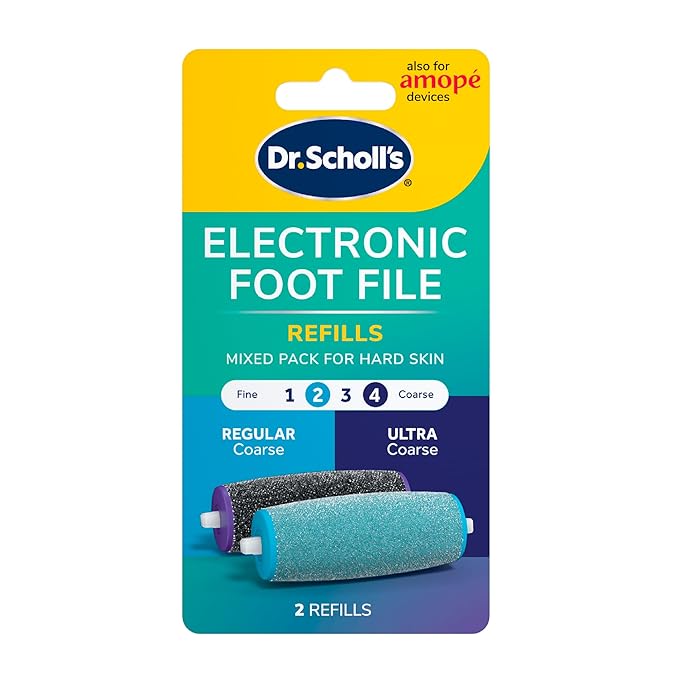 Dr. Scholl's Mixed Electric Foot File Roller Head Refills, 2 Count, with Diamond Crystals, Removes Hard & Dead Skin, Mixed Pack for Hard Skin, 1 Regular Coarse & 1 Ultra Coarse Refill