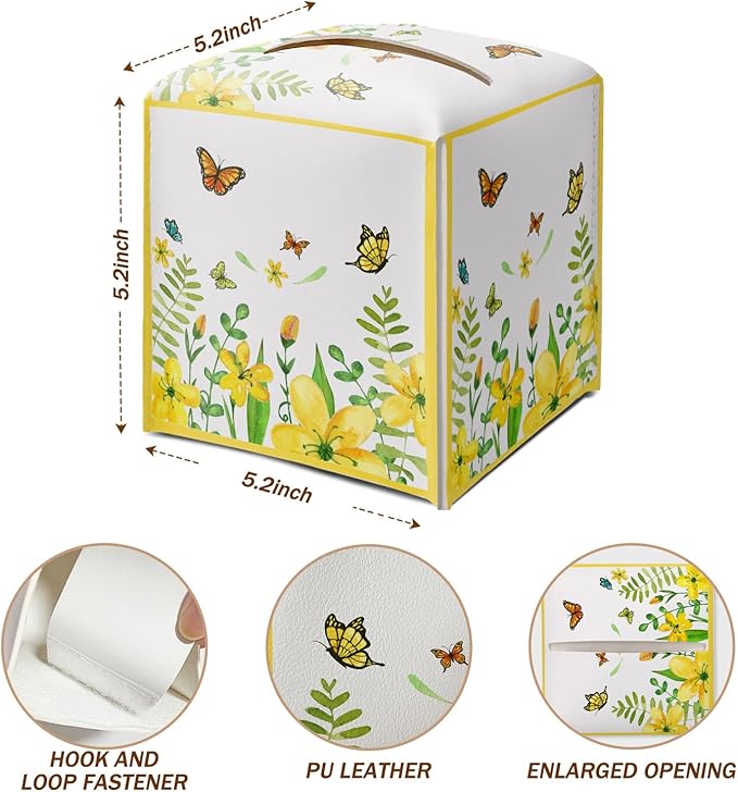 Yellow Floral Butterfly Tissue Box Cover Square with Bottom Belt, Leather Waterproof Tissue Holder Facial Paper Case for Tabletop Home Office Bathroom Car Decor -06