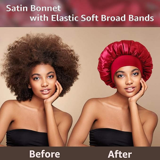 2 Pack Satin Bonnet Silk Bonnet for Sleeping Women, Hair Sleep Bonnets for Women, Wide Soft Band Large Sleep Cap for Curly Hair Braids