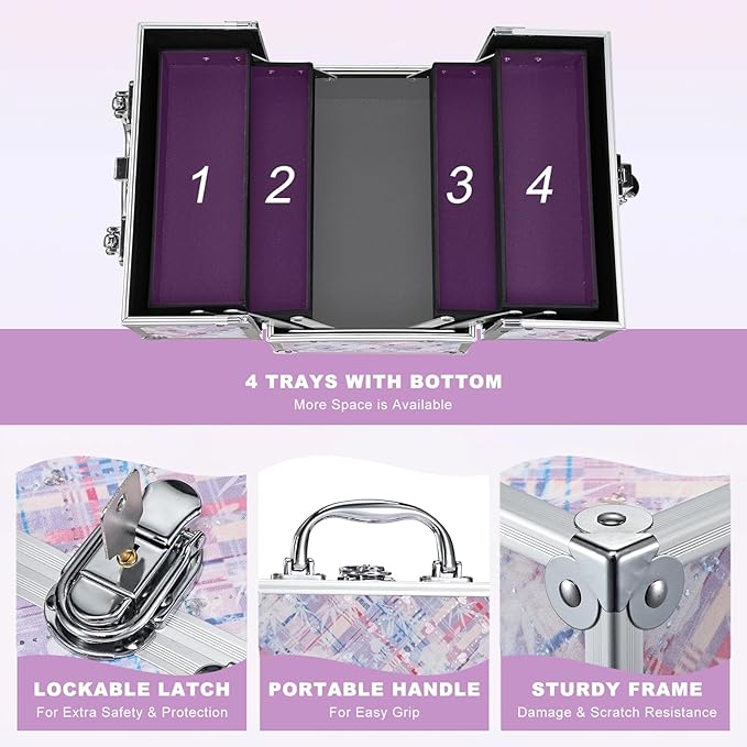 FRENESSA Makeup Train Case 8.85 Inch Portable Makeup Case Organizer Cosmetic Box Make Up Box Makeup Organizer Cosmetic Storage Cases with Locking Nail Kit Organizer Small Travel Case Pink Plaid