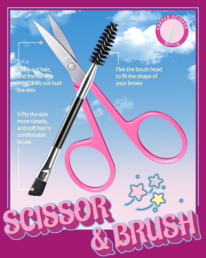 TsMADDTs 6 pcs Eyebrow Tweezers Set, Tweezers for Women Facial Hair with Curved Scissor and Eyebrow Brush for Ingrown Hair