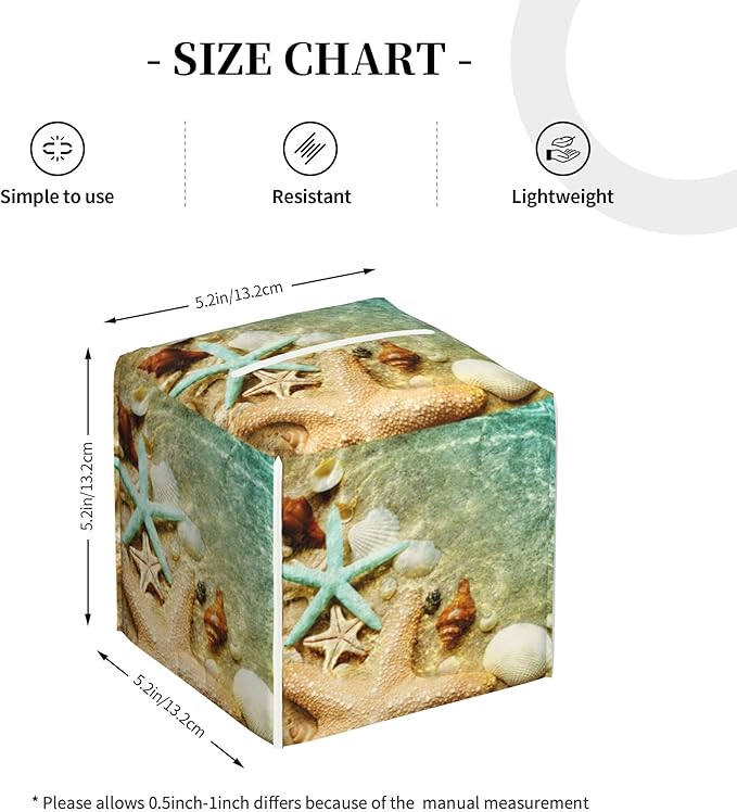 Starfish Seashell on Summer Beach Tissue Box Cover Square, Starfish Seashell Tissue Box Holder Waterproof Leather Facial Paper Organizer Dispenser for Bathroom Home Car Nightstand Vanity Desk
