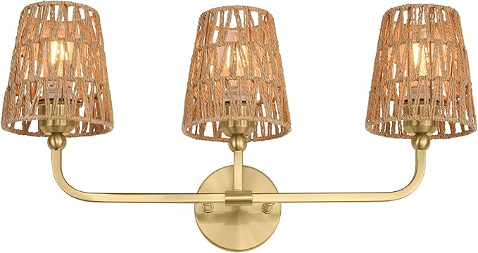 3-Light Bathroom Light Fixtures, Brushed Gold Rattan Vanity Lights with Flared Handwoven Shade, Boho Wall Sconce, Farmhouse Sconces Wall Lighting for Hallway Bedroom, VL837-BG-RA-3