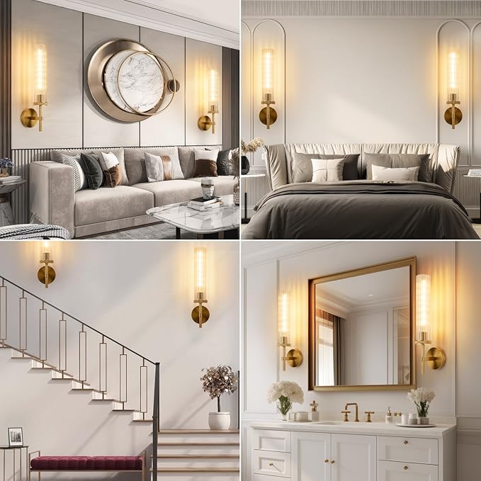 19.5" Knurled Gold Hardwired Wall Sconces Set of 2, Bathroom Vanity Light Fixtures with Vertical Striped Glass Tube, Modern Lamp Lighting for Bedroom, Living Room, Hallway, Staircase, Mirror, Kitchen