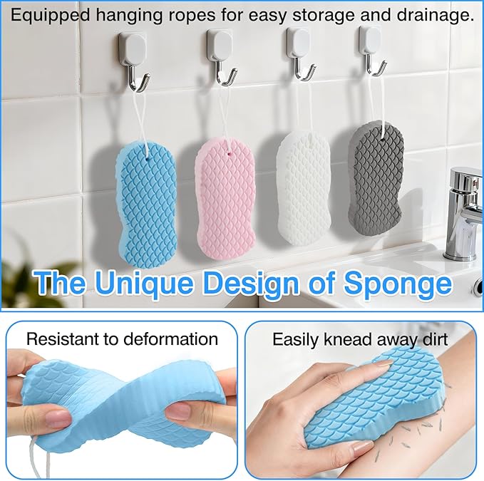4-Pack Exfoliating Bath Sponges – Super Soft Shower Sponge Set for Adults & Kids, Gentle Dead Skin Remover, Assorted Colors (Pink, Blue, White, Gray)