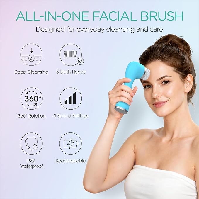 VOYOR Facial Cleansing Brush Rechargeable, Spin Face Brush Waterproof 5-in-1 Body Brush Set for Deep Skin Cleansing, Gentle Exfoliating and Massaging FB500 (Blue)