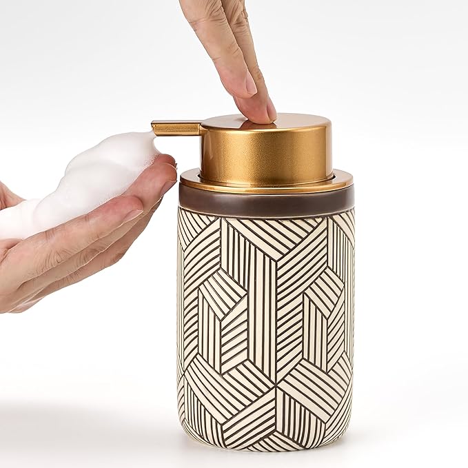 Brown Foaming Soap Dispenser,Ceramic Foam Soap Dispenser for Bathroom&Kitchen,12oz Foam Dispenser with Plastic Gold Pump(Unique&Modern)