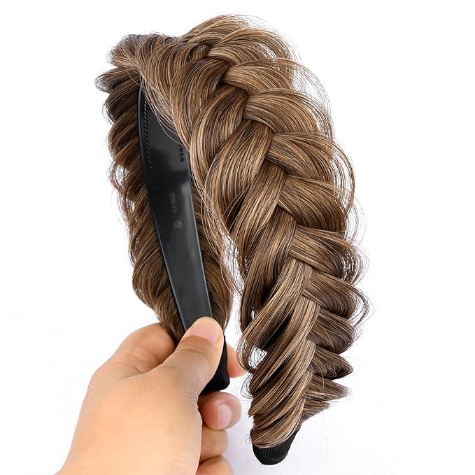 DIGUAN Wide Messy Braided Headband With Teeth Synthetic Hair Plaited Headband High Elasticity Braids Chunky Fishtail Braided Hair Band Hairpiece for Girls Women (Claybank)