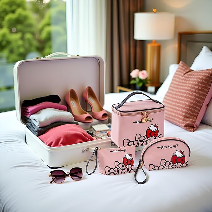 Vimanllie Travel Makeup Bag Large Cosmetic Bags with Brush Holder,Pink Waterproof 3PCS Portable Cosmetic Case for Women,Toiletry Bag for Skincare&Beauty Tools for Her
