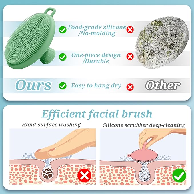 Silicone Face & Back Scrubber Set, Manual Face & Body Scrubber Exfoliator with Soft Bristles and Non-Slip Handle, Back Brush Bath Brush with 2 Detachable Brush Heads(3PCS Green Set)