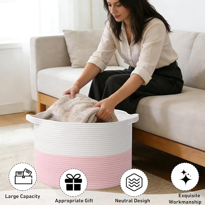 65L Large Blanket Basket,19.7" L x 19.7" W x 13" H Rope Woven Baskets with Handles, Toys Storage Bins,Laundry Basket Perfect for Living Room, Nursery,Bedroom,Home Organization,White&Pink