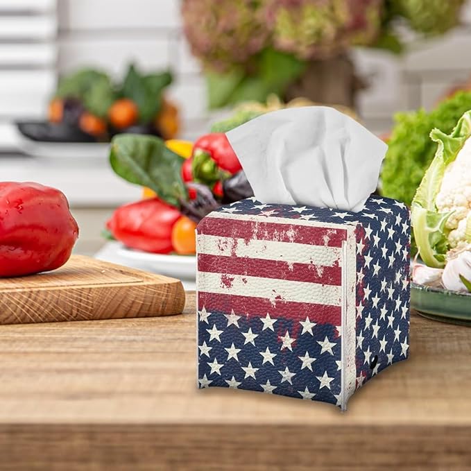 American Tie Dye Minimalist Tissue Box Holder, Square PU Leather Napkin Organizer with Secure Metal Button, Waterproof and Stain-Resistant Tissue Cover for Home, Kitchen, and Automotive Use