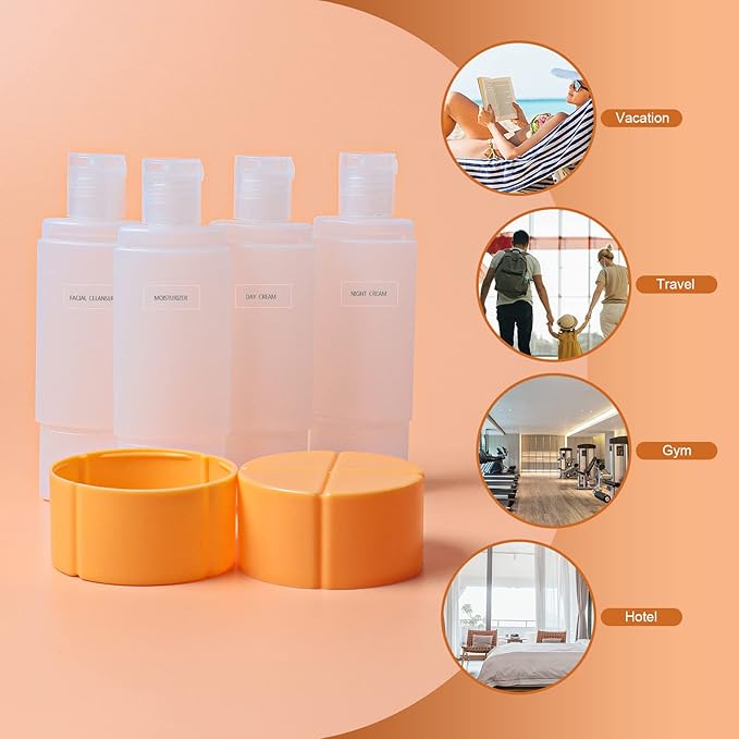 Travel Bottle, TSA approved 4-in-1 Leak-Proof Bottle, 4 * 60ml/2oz, with 2 Pre-printed Labels for Travel Gym Camping, Carry-On Travel Size Toiletries Shampoo Lotion Bottle for Women Men(Orange)