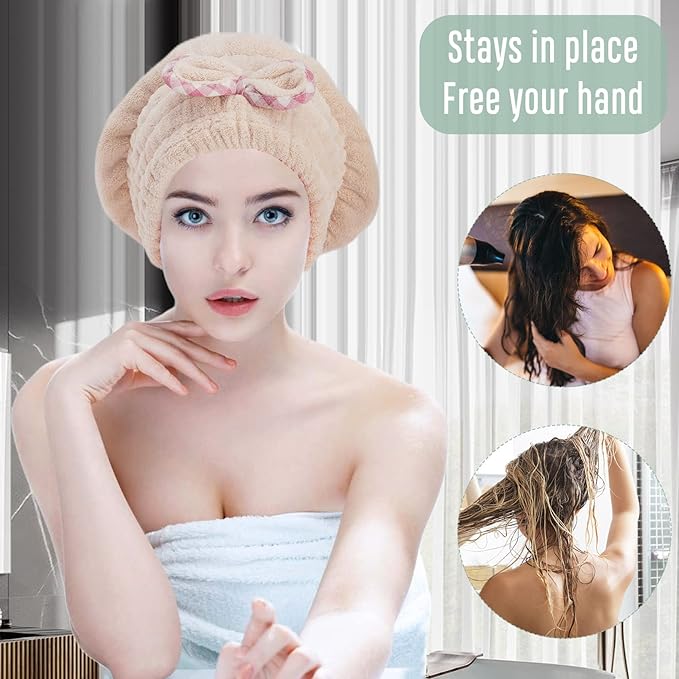 2Pcs Microfiber Hair Drying Cap,Hair Towel Cap,Fast Coral Velvet Hair Drying Towel with Bow-Knot,Quick Dry Fast Drying Hair Caps for Women,Soft Absorbent Cap for Wet Hair Long Thick Hair(Khaki+Green)
