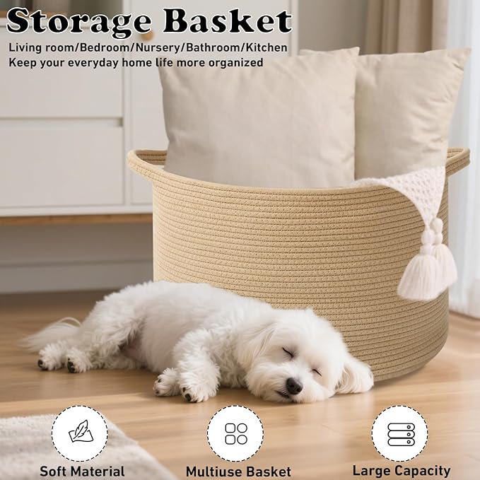 115L Large Blanket Basket,23.6" L x 23.6" W x 15.7" H Rope Woven Baskets with Handles, Toys Storage Bins,Laundry Basket Perfect for Living Room, Nursery,Bedroom,Home Organization,Camel