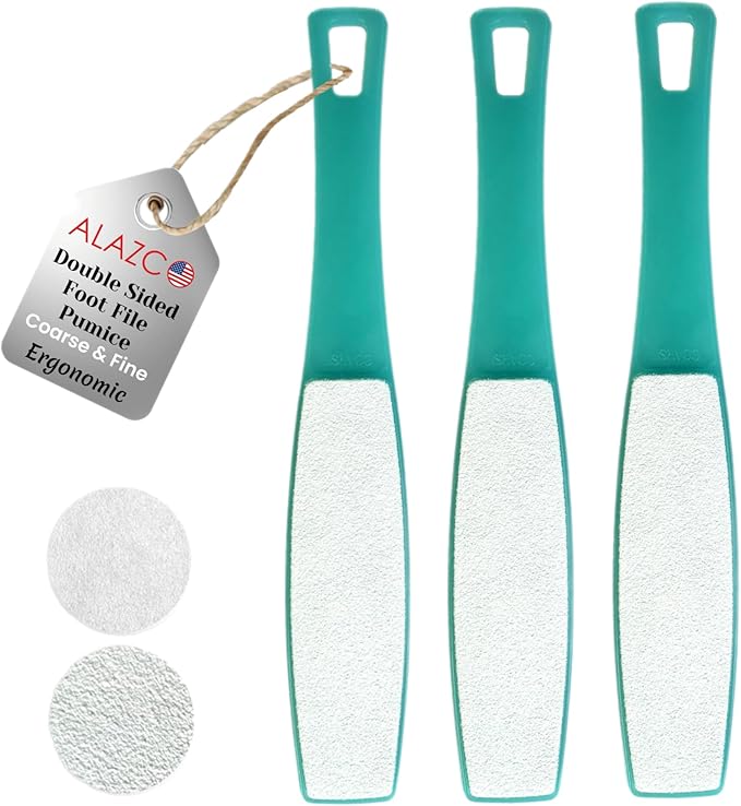 3 ALAZCO Double Sided Foot File Pumice Ergonomic Handle Scrubber Immediate Result Smooth Feet Heel Scraper Exfoliate Buffer Dead Skin Callus Corn Emery Fine & Coarse Pedicure Tool