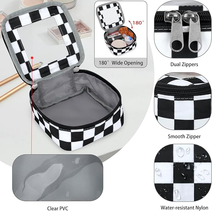 DOB SECHS Mini Checkered Bag for Purse 5.1'' x 5.1'' Small Makeup Bag for Car Cute Clear Cosmetic Bags with Zippers, Tiny Toiletry Bag Lipstick Pouch Organizer Case Travel Essentials Storage Pouches