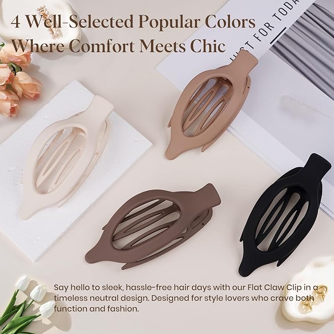 4 PCS Large Flat Hair Clips for Women Girls, French Concord Lay Down Flat Claw Clips for Thick Thin Hair, Comfortable Curved Flat Clip, Matte Non-slip Strong Hold Hair Accessories, Neutral