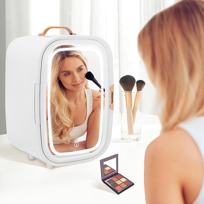 Cosmetic Fridge with LED Mirror & Adjustable Shelves, 12V/110V Mini Skincare Refrigerator for Bedroom, Vanity, Office, 4 Gal, Gift for Women (White)