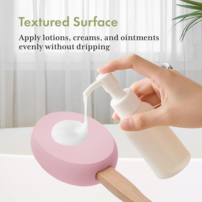 AmazerBath Lotion Applicator for Back, Feet, 2 Replacement Pads with 17" Curved Handle, Back Sunscreen Applicator for Kids, Elderly, Women, Apply Cream Medicine Moisturizer Tanner, Pink