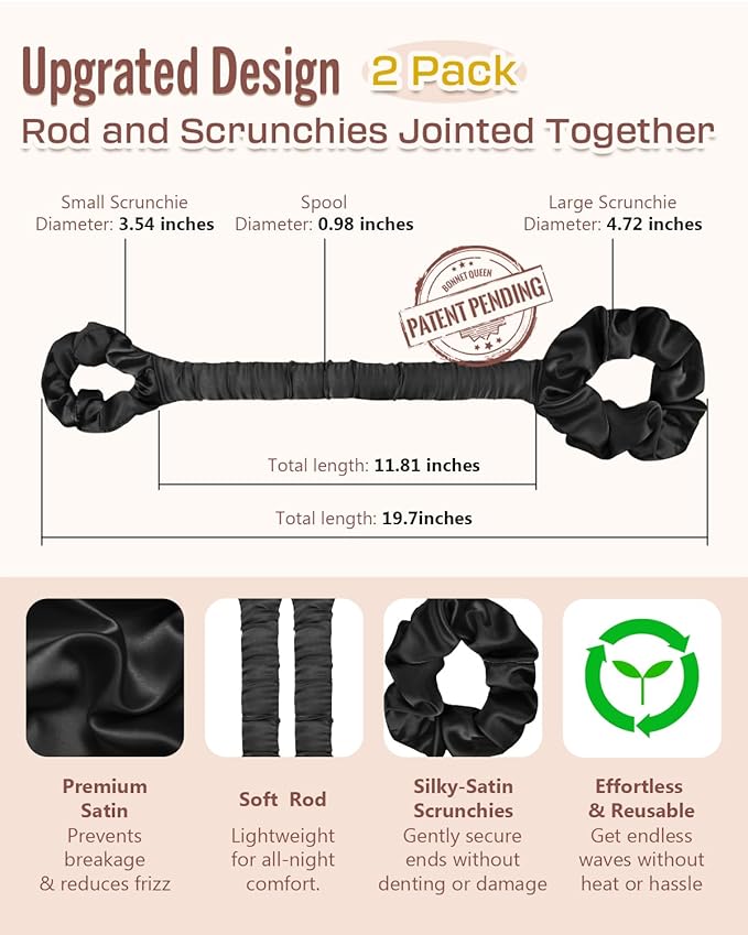 BONNET QUEEN Heatless Hair Curler Set (2Pcs), Heatless Curls Overnight with Satin Hair Rollers, All-in-One Curling Rod for Hair Curlers to Sleep In, Black(For Bouncy Curls)
