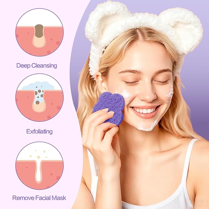 50-Count Facial Sponges, Natural, Modern Flower Shape, Purple, Reusable, Exfoliating, Cleansing, Makeup Gift