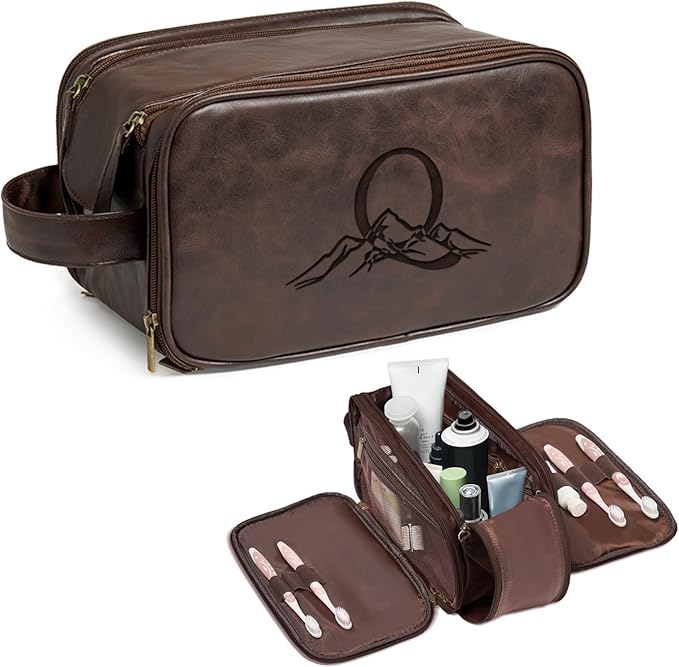 Janhavi Large Mens Travel Bag Toiletry, Travel Essentials Toiletries Men, Personalized Initials & Mountain, Waterproof Make Up Bag, Men's Accessories Storage,Customized Gifts for Men(Dark Brown Q)