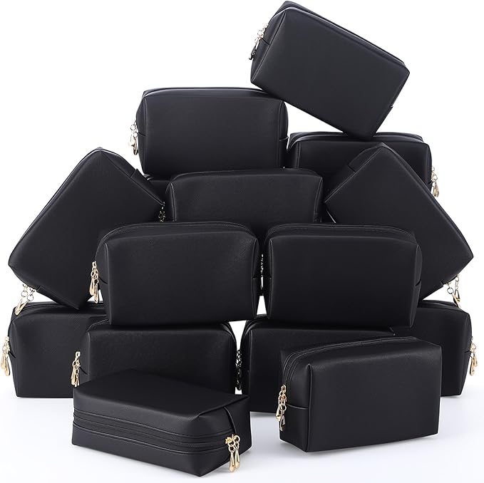 Kigeli 15 Pcs Aesthetic Makeup Bags PU Leather Cosmetic Pouches Waterproof Plain Toiletry Bags Makeup Pouches Bulk for Women Party Gift Travel Storage Organizer(Black)