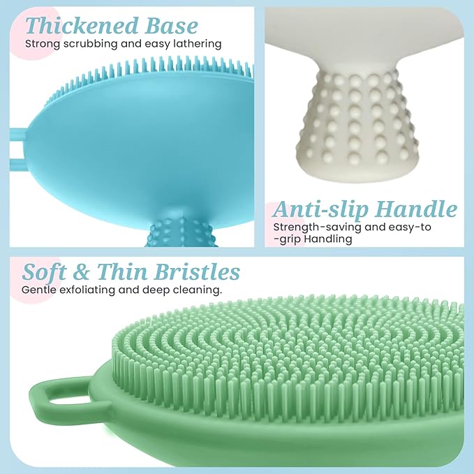 Silicone Face & Back Scrubber Set, Manual Face & Body Scrubber Exfoliator with Soft Bristles and Non-Slip Handle, Back Brush Bath Brush with 2 Detachable Brush Heads(3PCS Green Set)