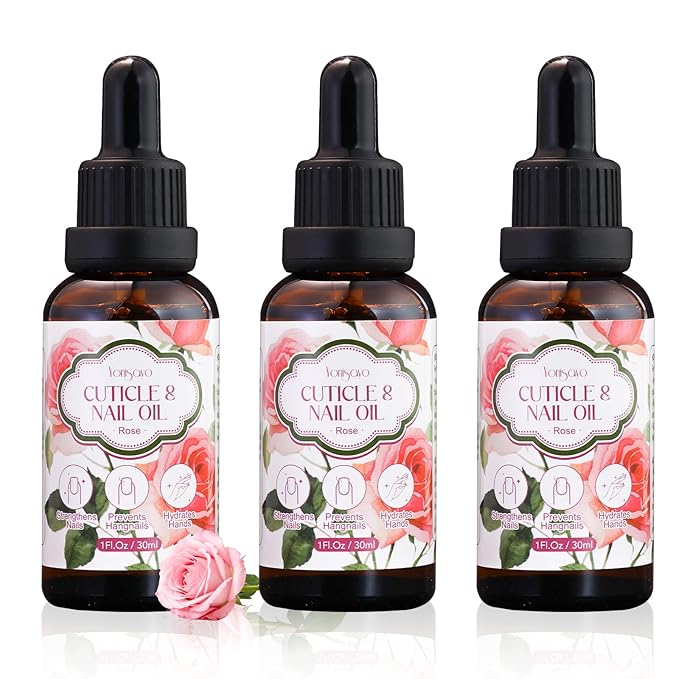 3 in 1 Cuticle Oil, 3 Pack Rose Nails Care Oil to Strengthen Brittle Nails, Hydrate Dry Cuticles & Soften Hands, Fast-Absorbing