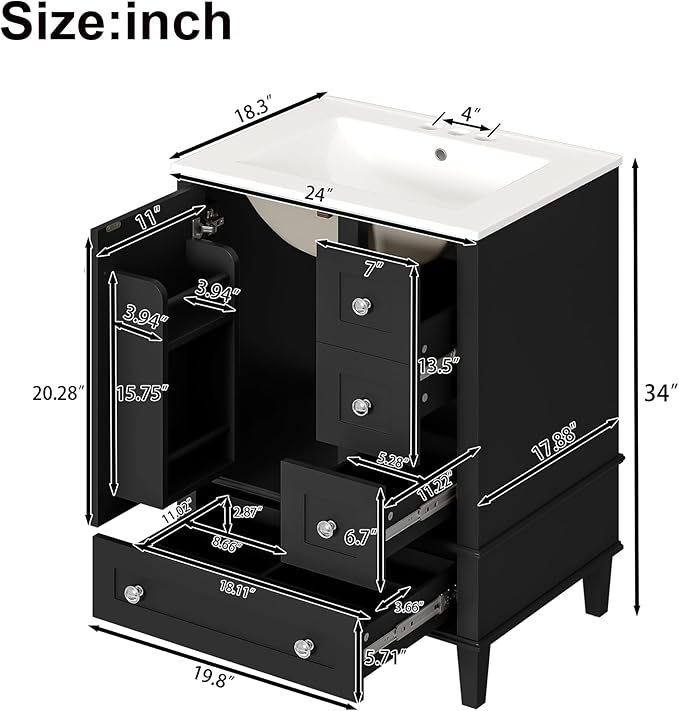 Bellemave 24" Bathroom Vanity with Sink Combo Set, Solid Wood Frame Bathroom Storage Cabinet with 3 Drawers, Soft Closing Cabinet Door with Organizer, Black