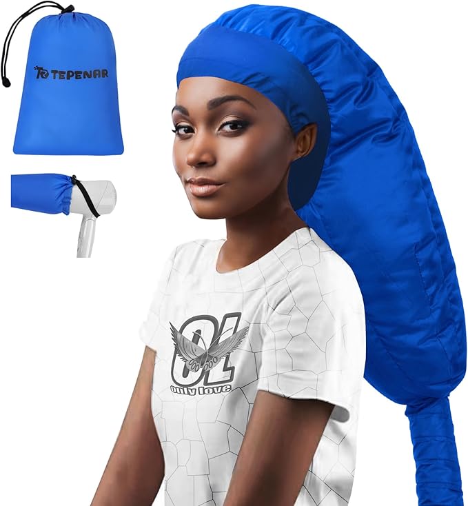 Hair Dryer Bonnet Attachment: Upgraded Extra Large Hooded Dryer Adjustable Hair Dryer Caps - Easy to Use for Natural Curly Textured Hair Care Styling Fast Drying - Blue