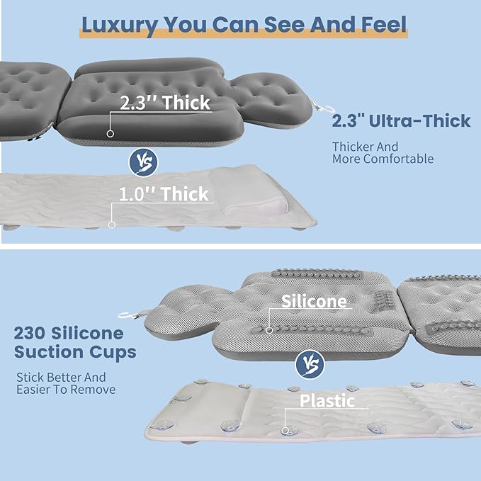 Bath Cushion, Full Body Bathtub Pillow with 160 Suction Cups, Bath Mat for Head and Neck Support, with Laundry Bag (Dark Gray, 60" x 16")