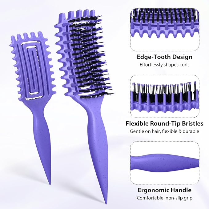 Curl Defining Brush, Curly Hair Brush with Vented Design for Detangling and Shaping, Wet & Dry Use, Reduces Pulling for Women and Men (Purple)