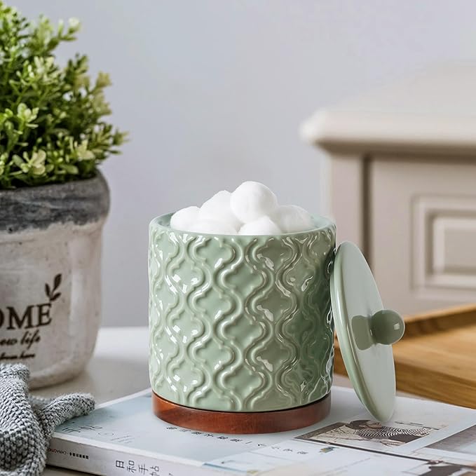 Elegant Bathroom Accessories Set 5 PCS Ceramic and Wood Bathroom Accessory Set Soap Dispenser Toothbrush Holder Tumbler Soap Dish Cotton Swab Jar Easy to Clean Quatrefoil Pattern Green