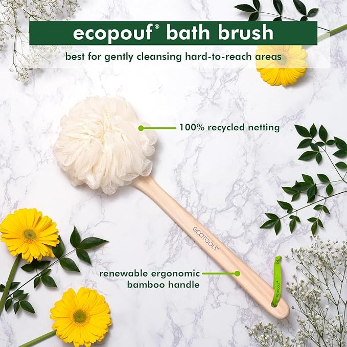 Bath Pouf with Handle - Hard-to-Reach Cleansing Sponge - EcoPouf Bath Brush - Assorted Colors (Pack of 2)