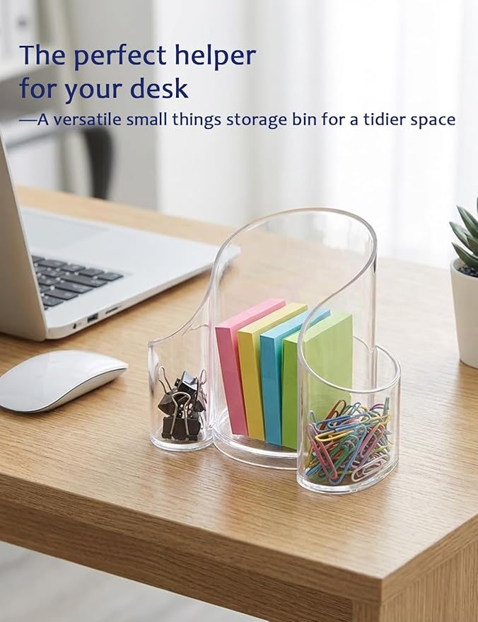 Clear 3-Compartment Vanity Organizer & Cotton Swab Holder - Small Plastic Storage Box for Jewelry, Floss Picks & Hair Accessories - Open Front Countertop Display