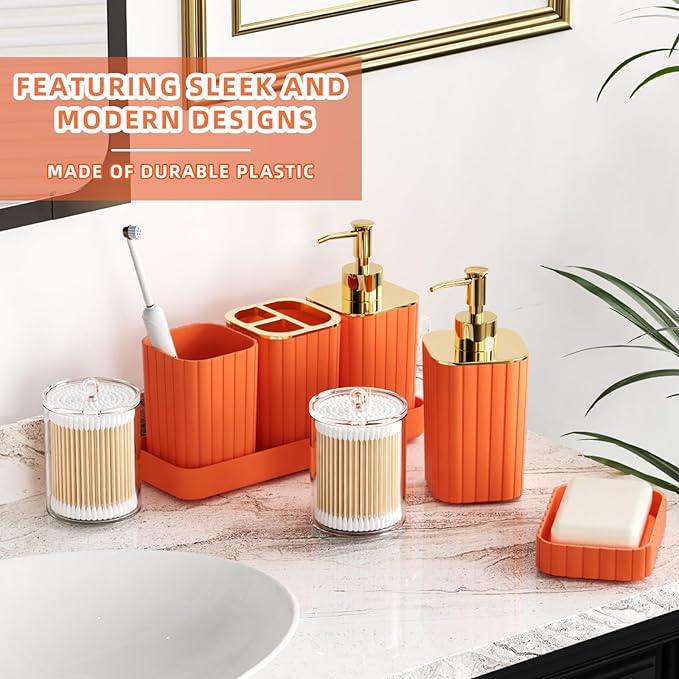Bathroom Accessories Set - Gorgeous Bathroom Set, 10PC Orange Bathroom Accessory Set, Orange Bathroom Sets, Toilet Brush, Trash Can & Soap Dispenser