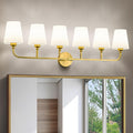 Bathroom Vanity Light, Brushed Gold Bathroom Light Fixtures, 6-Light Lighting Fixtures Over Mirror, Modern Wall Sconce with Flared White Fabric Shade, E26 Socket(ETL Listed)