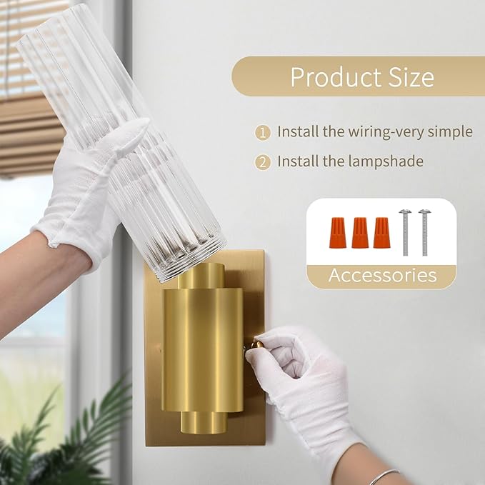 21" Gold Bathroom Sconces Set of 2 , Modern Wall Sconces Set of Two with Threaded Glass, Hardwired Up Down Wall Lighting Vanity Fixtures for Bedroom Bathroom Living Room Hallway (Bulb Not Included)