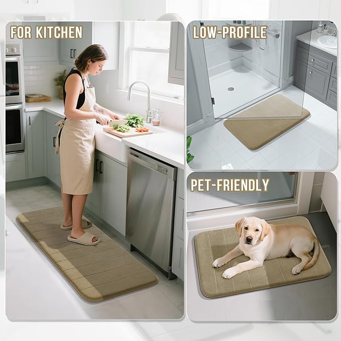 Yimobra Memory Foam Bathroom Rugs Sets 2 Piece - Super Soft Absorbent Quick Dry Bath Mat Set, Machine Washable Non Slip Floor Carpet for Tub Shower & Single Sink (17x24 & 31.5x20 Inch, Pale Khaki)