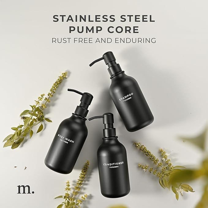 MaisoNovo Refillable Shampoo and Conditioner Bottles - 16.9 fl oz Set of 3 Black Plastic Bottles Black Plastic Pumps