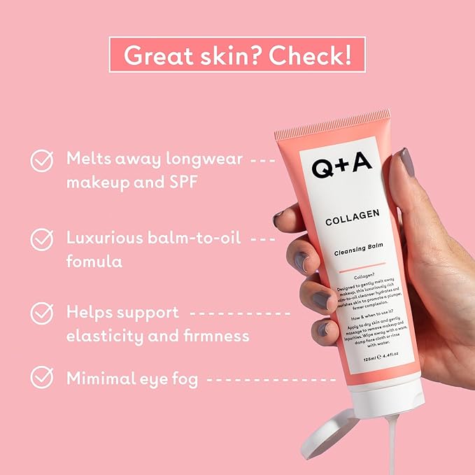 Q+A Collagen Cleansing Balm (125ml), Balm-to-Oil Face Cleanser, Makeup Remover with Squalane and Coconut Oil, Hydrating and Nourishing Face Wash, Promotes Plump and Supple Skin, Vegan Skincare