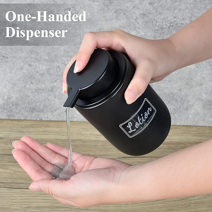 BosilunLife Black Soap Dispenser Set - 2 Pack 12oz Ceramic Dish Soap Dispenser with Rust Proof Pump for Kitchen, Hand Soap and Lotion Set Suitable for Farmhouse Bathroom Decor with Waterproof Labels