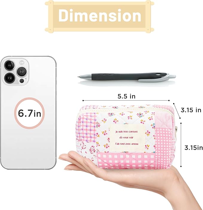 Floral Makeup Bag Pink Small Cotton Quilted Cosmetic Bag Organizer, Aesthetic Cottagecore Preppy Portable Pouch Purse Toiletry Bag for Women Girls Travel accessories
