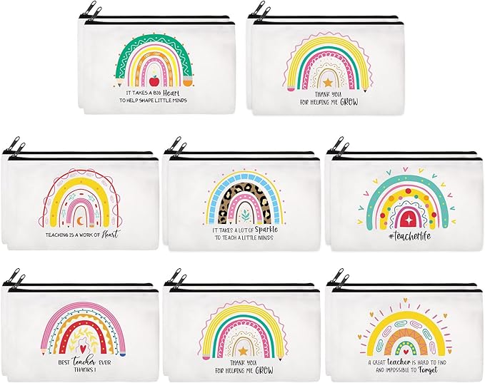 Yahenda 16 Pcs Canvas Makeup Bags Bulk for Women Inspirational Cosmetic Zipper Pencil Pouch Travel Toiletry Bag for Birthday Mother's Day Nurse Gifts(Teacher)
