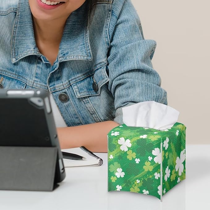 St. Patrick Lucky Grass Stripe Tissue Box Cover Square Tissue Covers Tissue Dispenser Car Tissue Box Holder Cover for Home Decorations