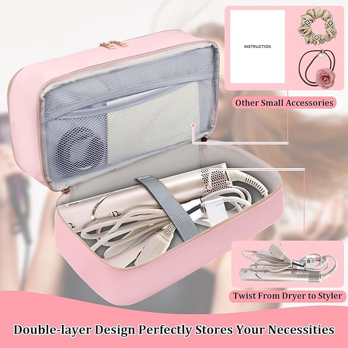 Travel Carrying Case for Shark Flex Style, Double Layer Storage Case for Shark SpeedStyle Hair Dryer Attachments, Waterproof PU Leather Organizer Bag for Shark Flexstyle Airwrap Styler (Pink)