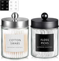 SheeChung 2-Pack Qtip Holder Dispenser - Glass Apothecary Jars with Rust-Proof Stainless Steel Lids - Modern Farmhouse Bathroom Vanity Organizer for Cotton Swabs, Balls, Pads(Black&Brushed Nickel)