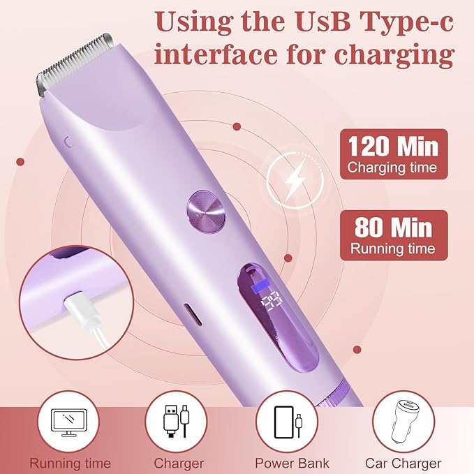 Bikini Trimmer for Women 2in1 High Power Epilators Hair Removal Waterproof Electric Razors Women's Electric Razor Pubic Hair Trimmer Shaver for Women for Ladies Pubic，Face， Underarms，Legs(Purple)